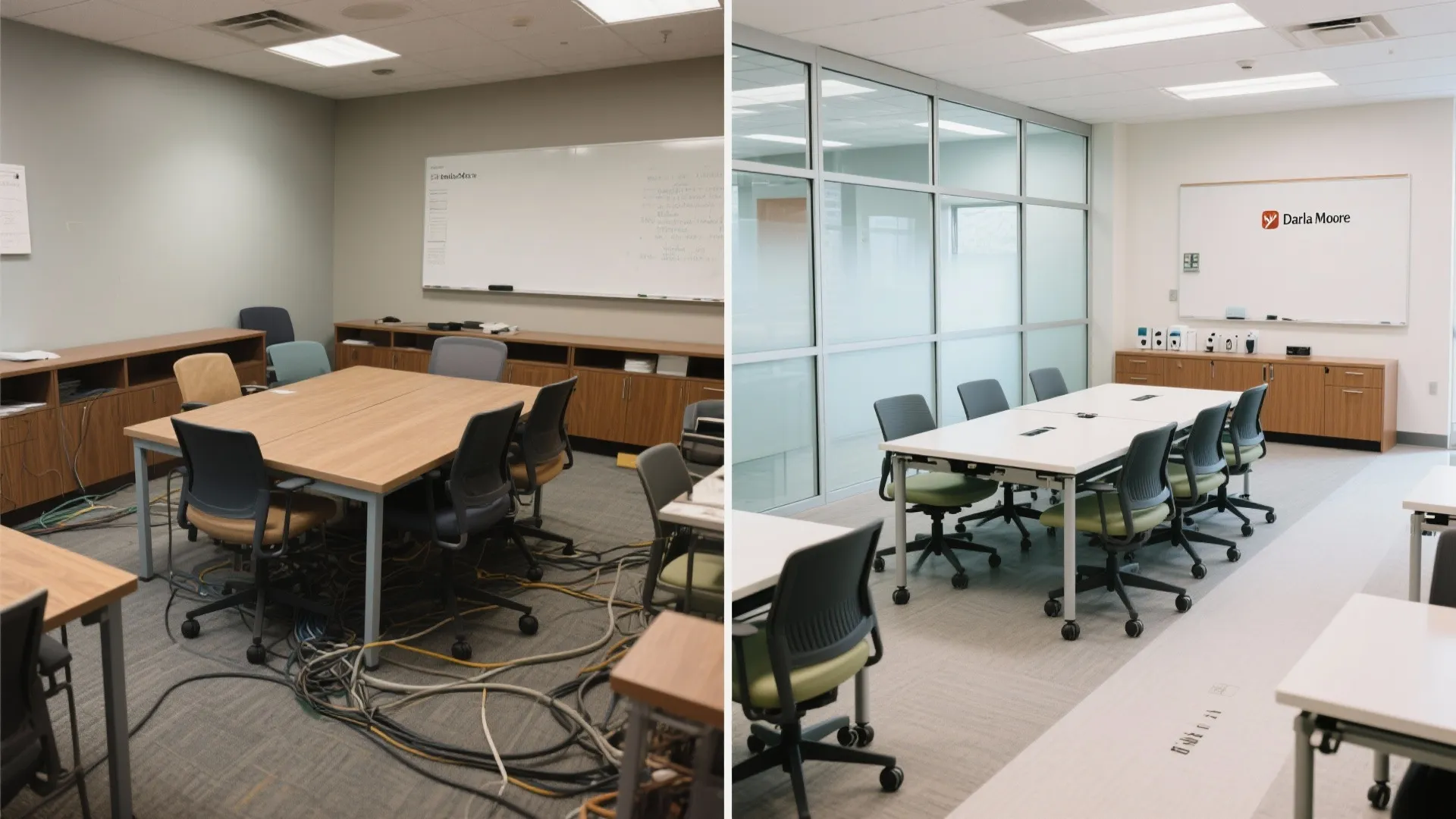 Before and after comparison of a messy office meeting room versus a clean organized workspace layout
