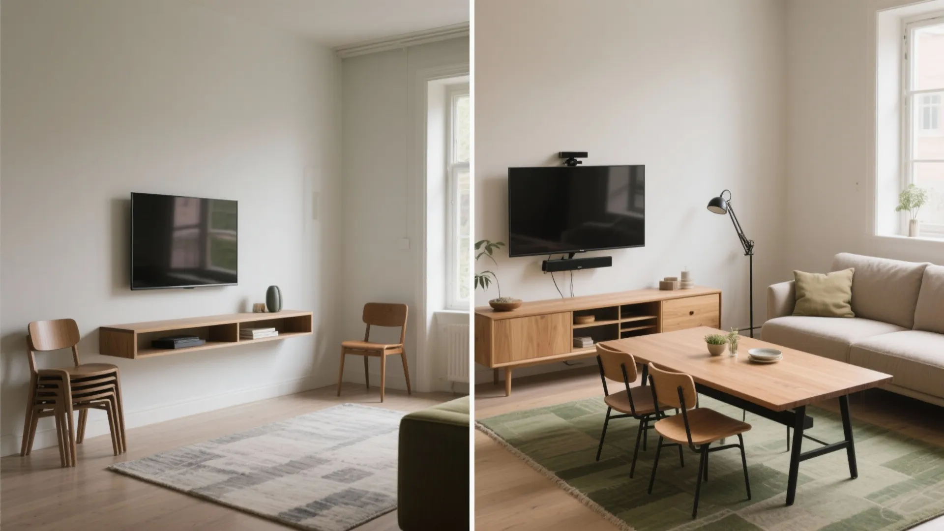 Flexible furniture: extendable tables, swivel TV brackets, and stackable chairs