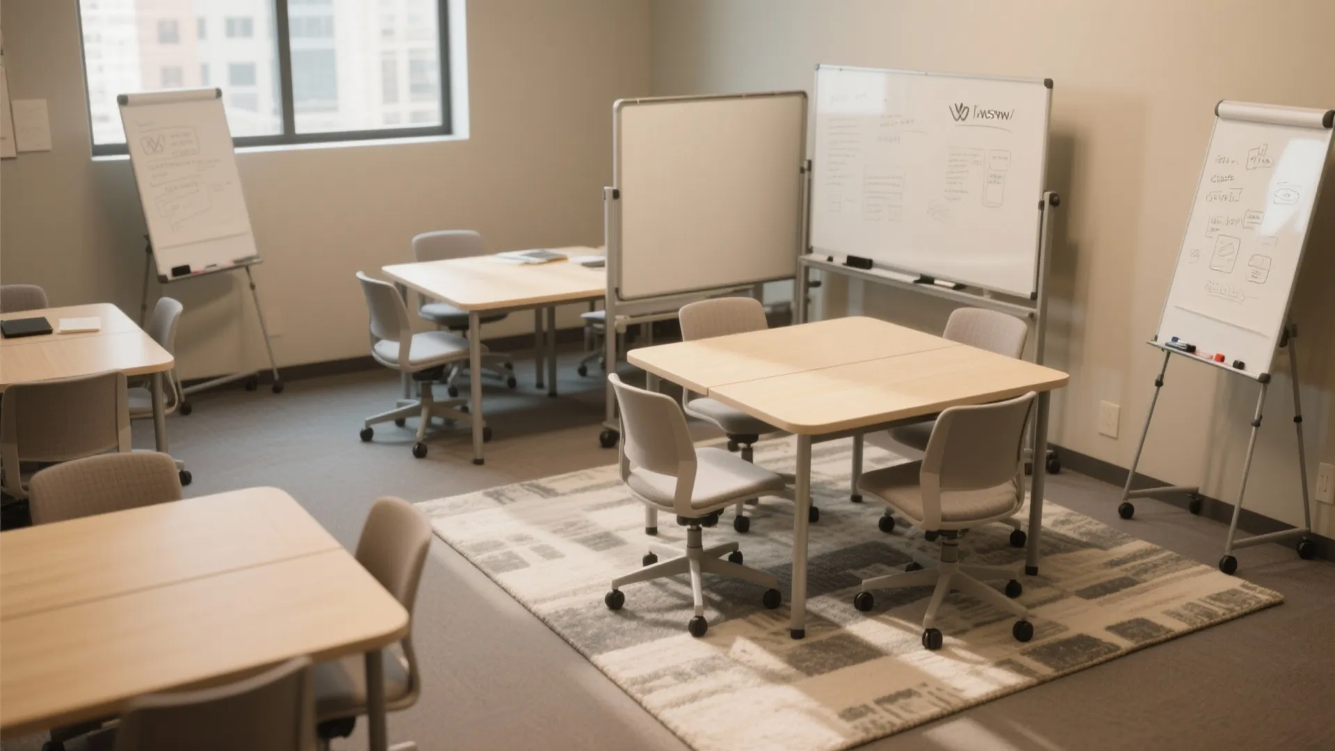 Modern flexible office space with light wood tables grey chairs whiteboards and a grey rug