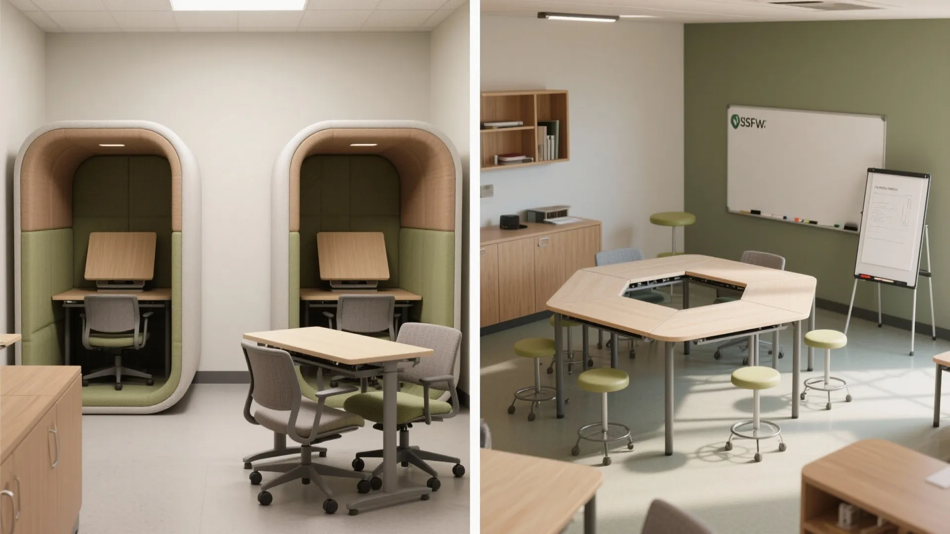 Modern office interior design showing private work pods alongside wooden tables with green and grey chairs