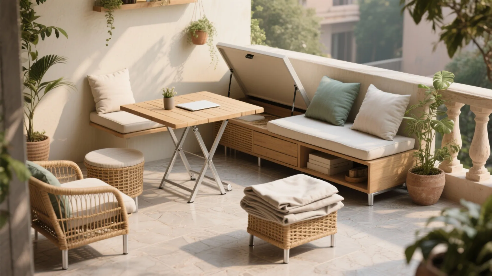 Modern sunny balcony featuring a wooden folding table rattan chair storage sofa and green potted plants