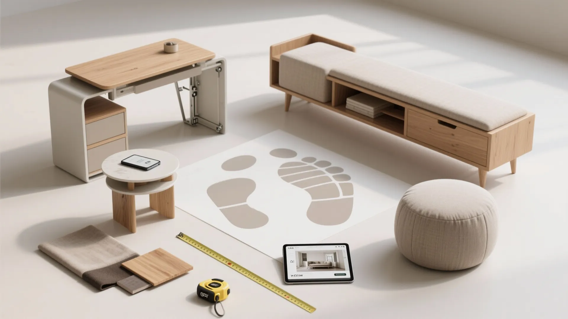 Collection of small wooden furniture items measuring tape and tablet showing interior design layout on floor
