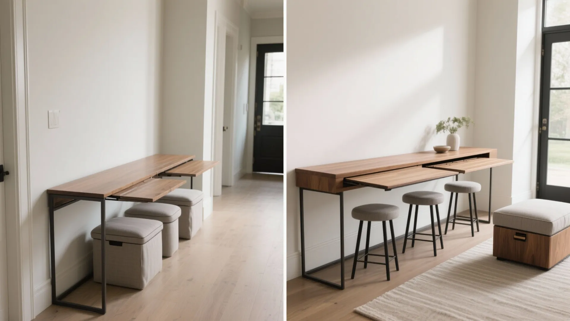 Side by side view of wooden desk with pull out trays and various grey stools