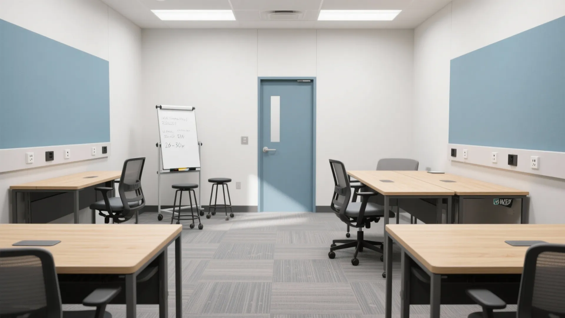 Modern office interior with wooden desks black chairs blue door whiteboard gray carpet white walls