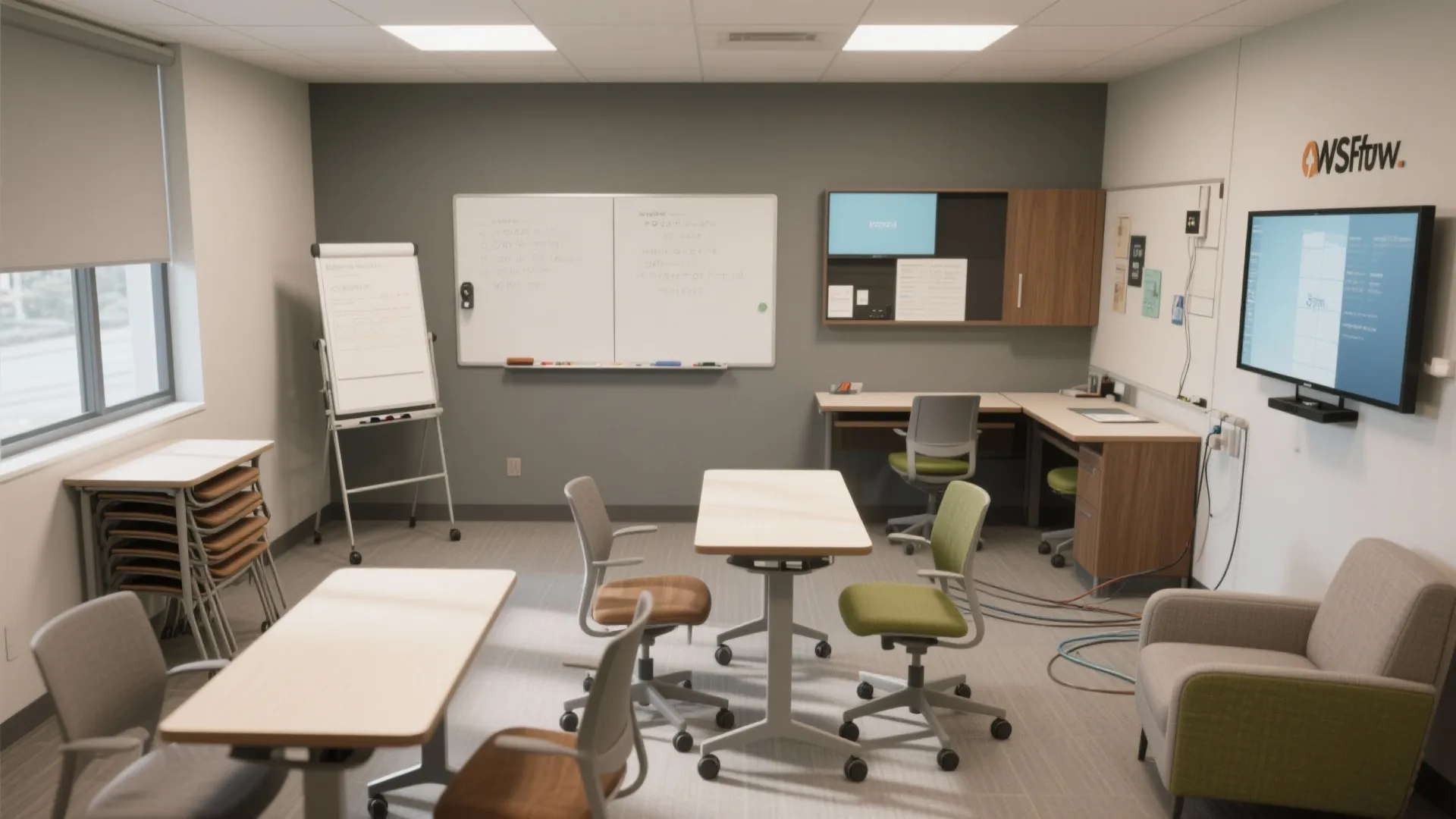 Modern office interior with whiteboards wooden desks green chairs grey sofa and a wall screen