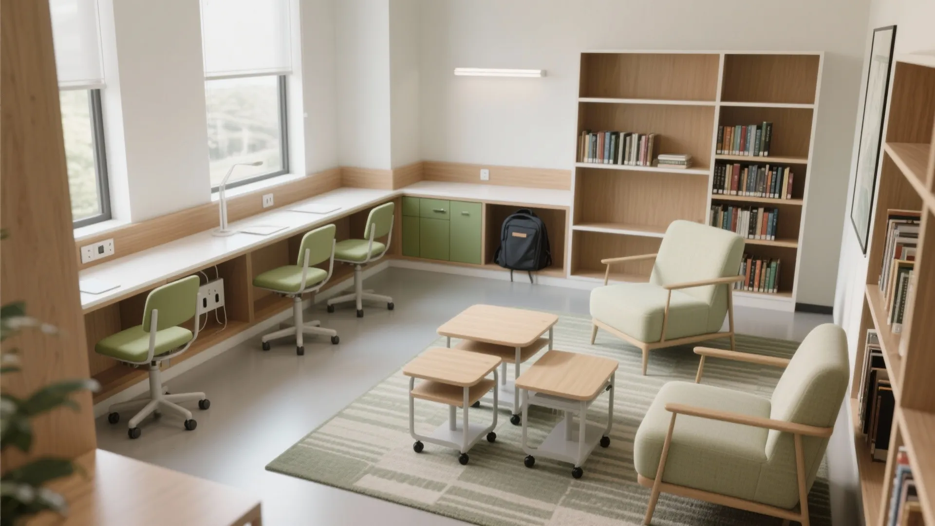 Flexible furniture: mobile tables and L-shape benches