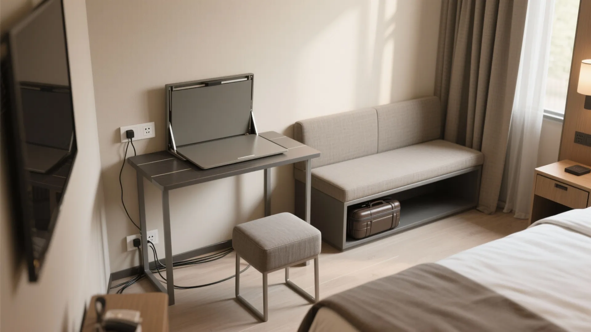 Multi-Functional Furniture: Fold-Down Desk, Slim Bench, and Storage Ottomans