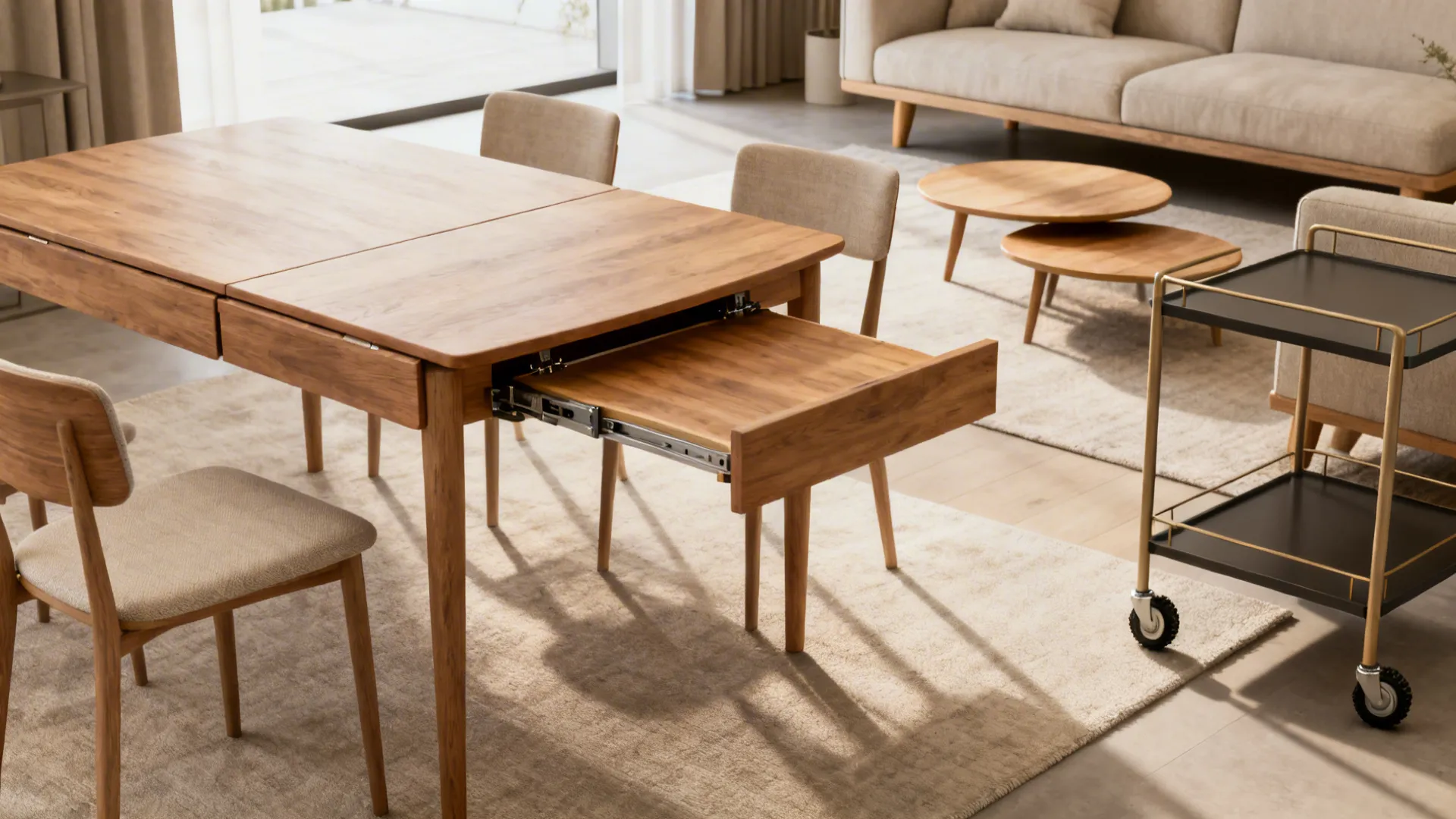 Small living–dining room with an opened drop-leaf table, armless chairs, and a slim rolling bar cart.
