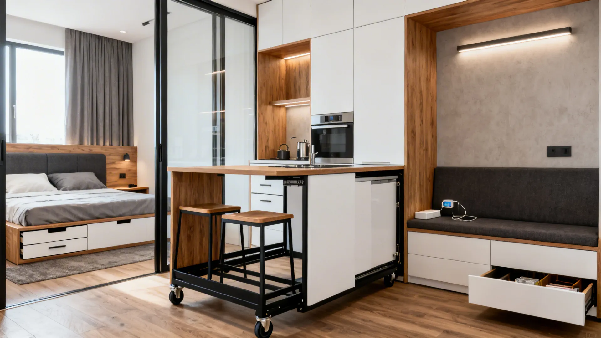 Multifunctional small-space with rolling peninsula, storage headboard, and banquette drawers.