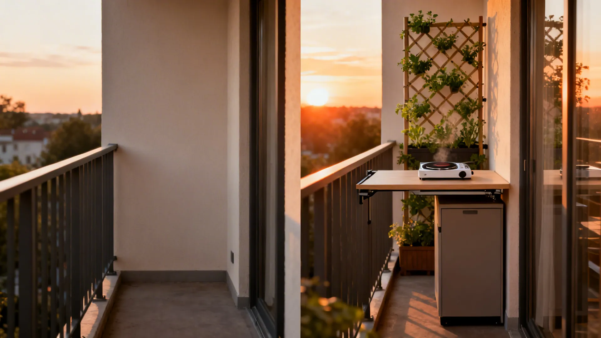 Before-and-after of a balcony adding a fold-down bar, portable induction, and herb trellis screen.