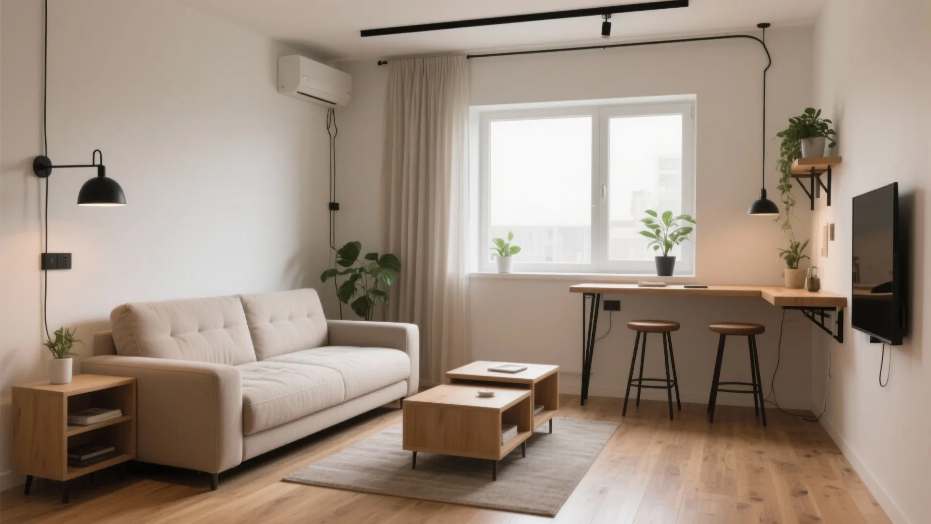 Flexible furniture: sofa-bed, nesting tables, and a pocket dining bar