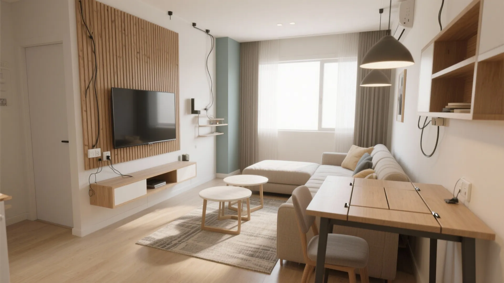 Flexible furniture: sofa-beds, nesting tables, and dining that disappears