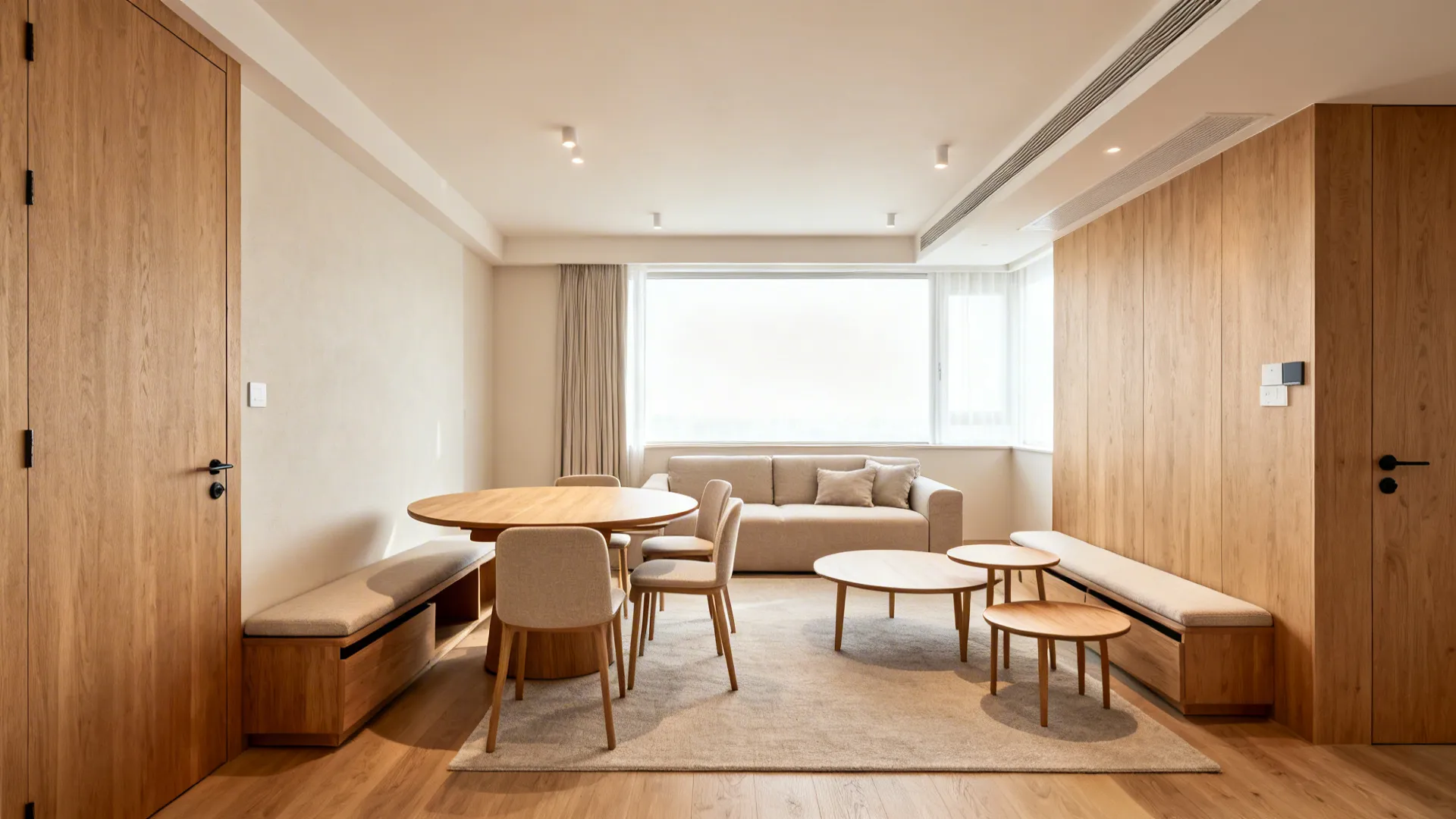 Open living-dining with drop-leaf table, nesting tables, and bench on a shared rug.