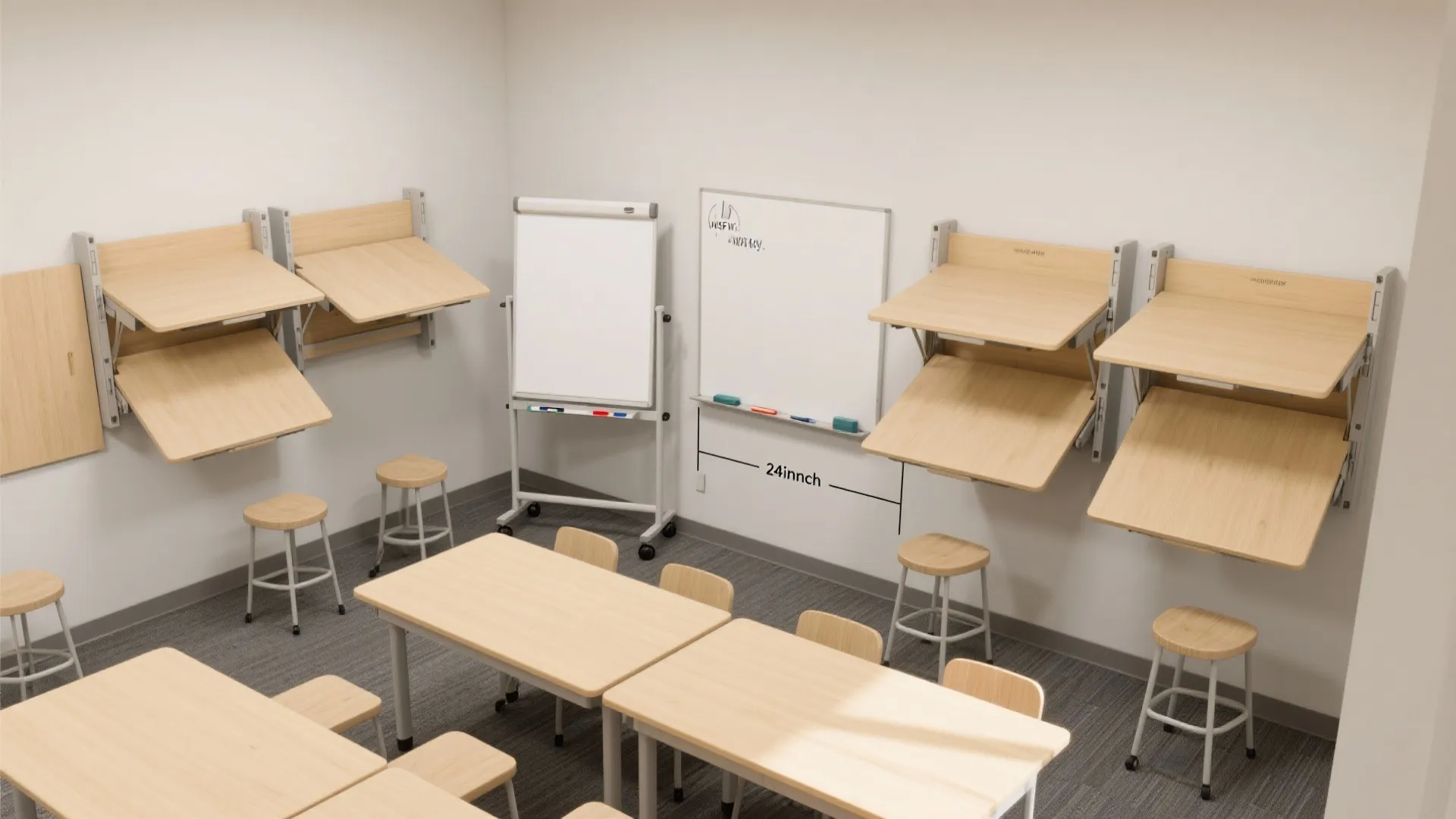 3) Flexible furniture: fold-down tables and stacking chairs