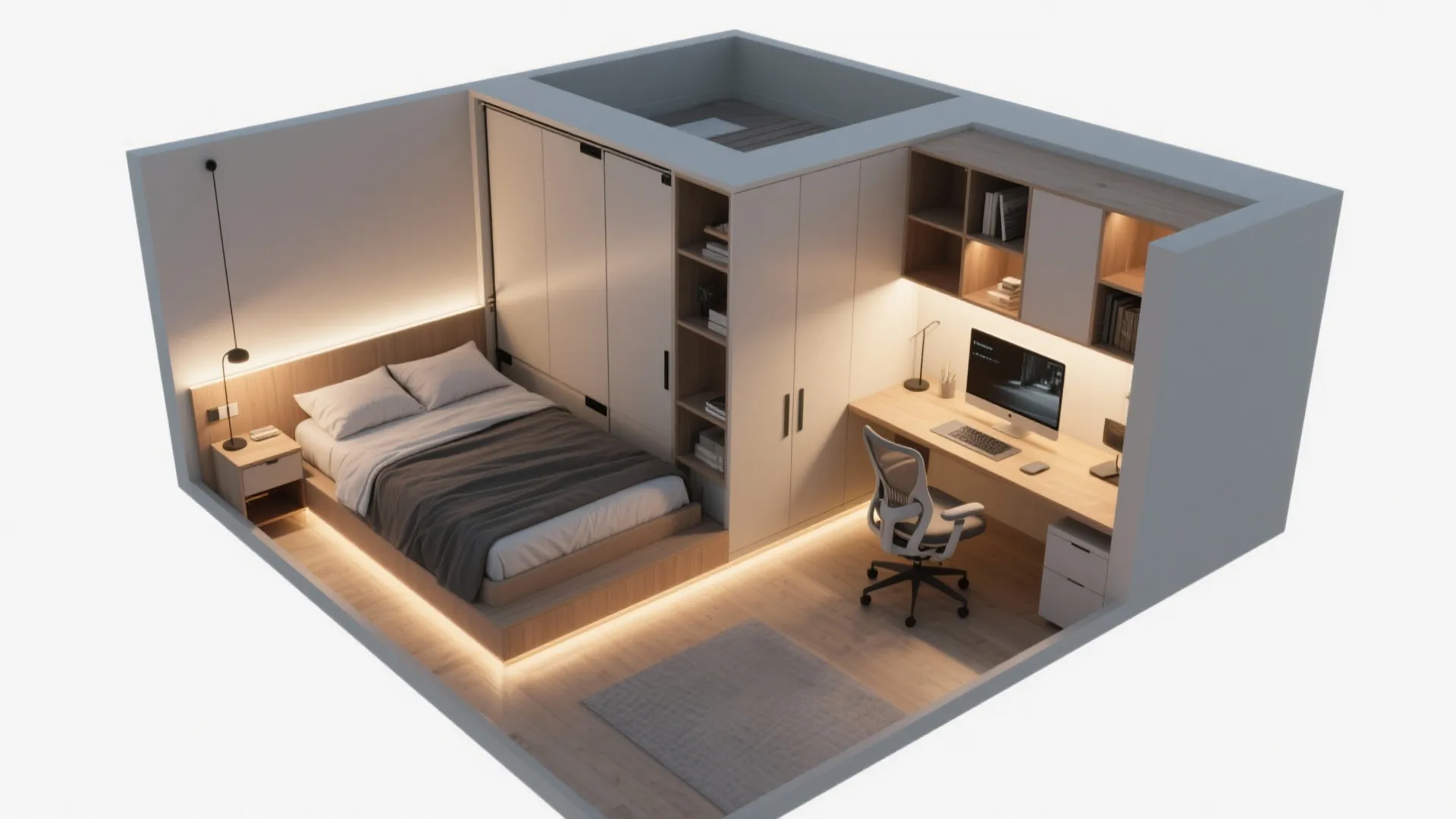 Interior design drawing of a small bedroom and home office combo with bed and desk