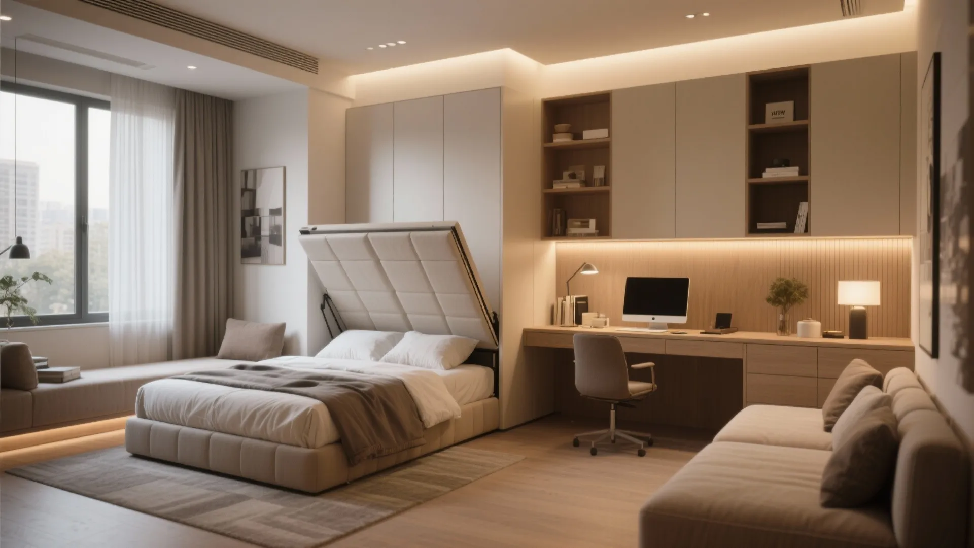 Modern home office guest room with folding bed desk computer chair sofa and wooden cabinet