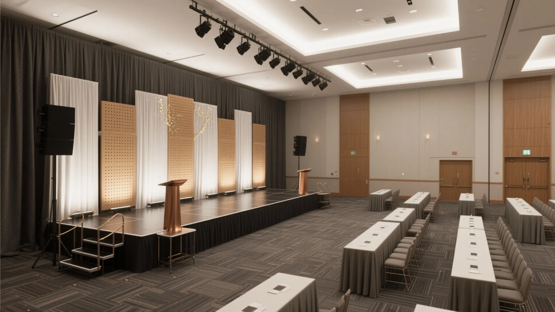 Spacious event hall with stage podium white curtains wood panels and rows of meeting tables