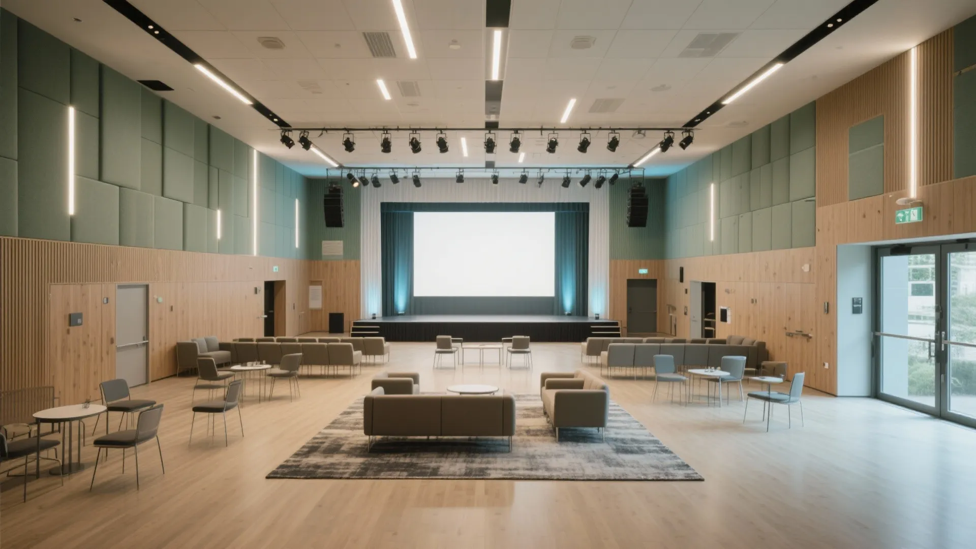 Modern open hall with stage screen wooden wall panels green acoustic boards and lounge seating areas