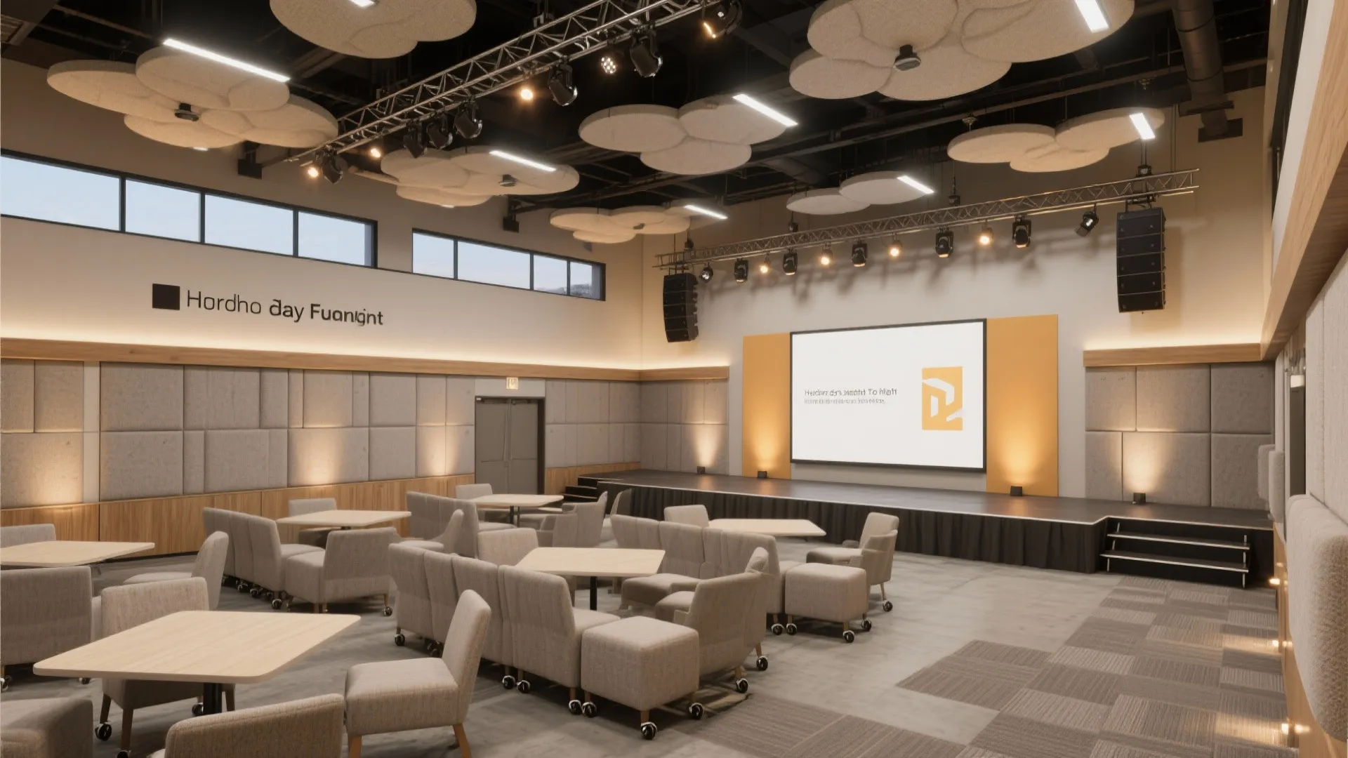 [
  {
    "url": "https://coohom-biz-sg-s3.coohom.com/ins/static/article/flex-hall-hero-1764787632611704200.jpg",
    "alt": "Modern event room featuring stage screen square tables grey chairs and decorative white round lights"
  }
]