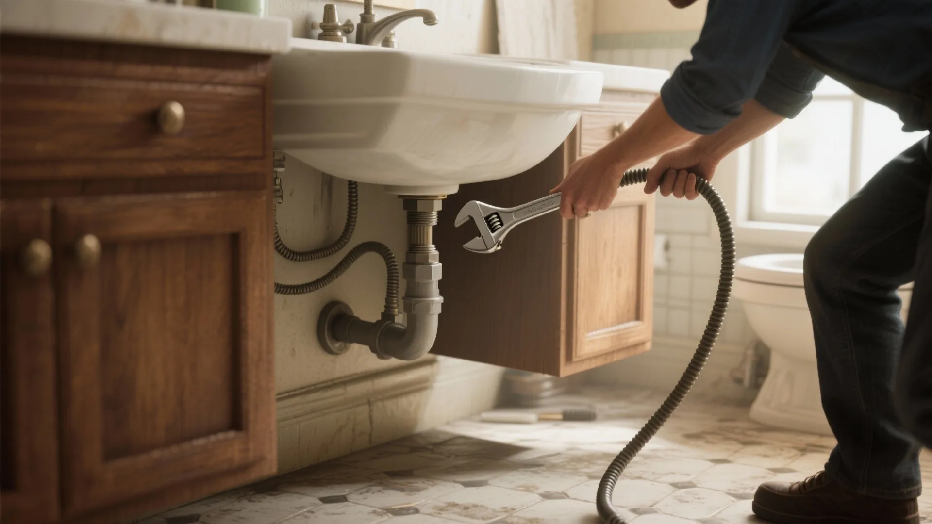 A person using a silver metal wrench to fix a pipe under a bathroom sink