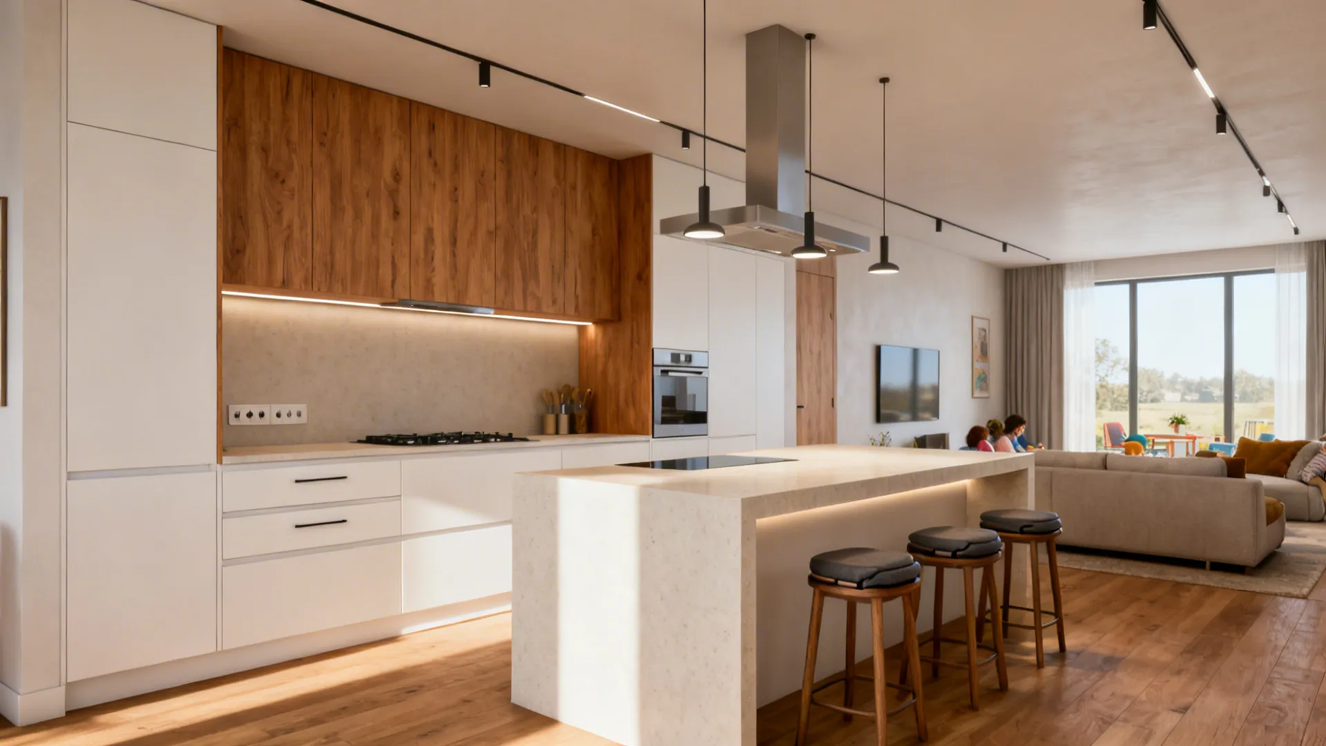 Compact waterfall island with concealed power and clear 1 m circulation in a bright open plan kitchen.