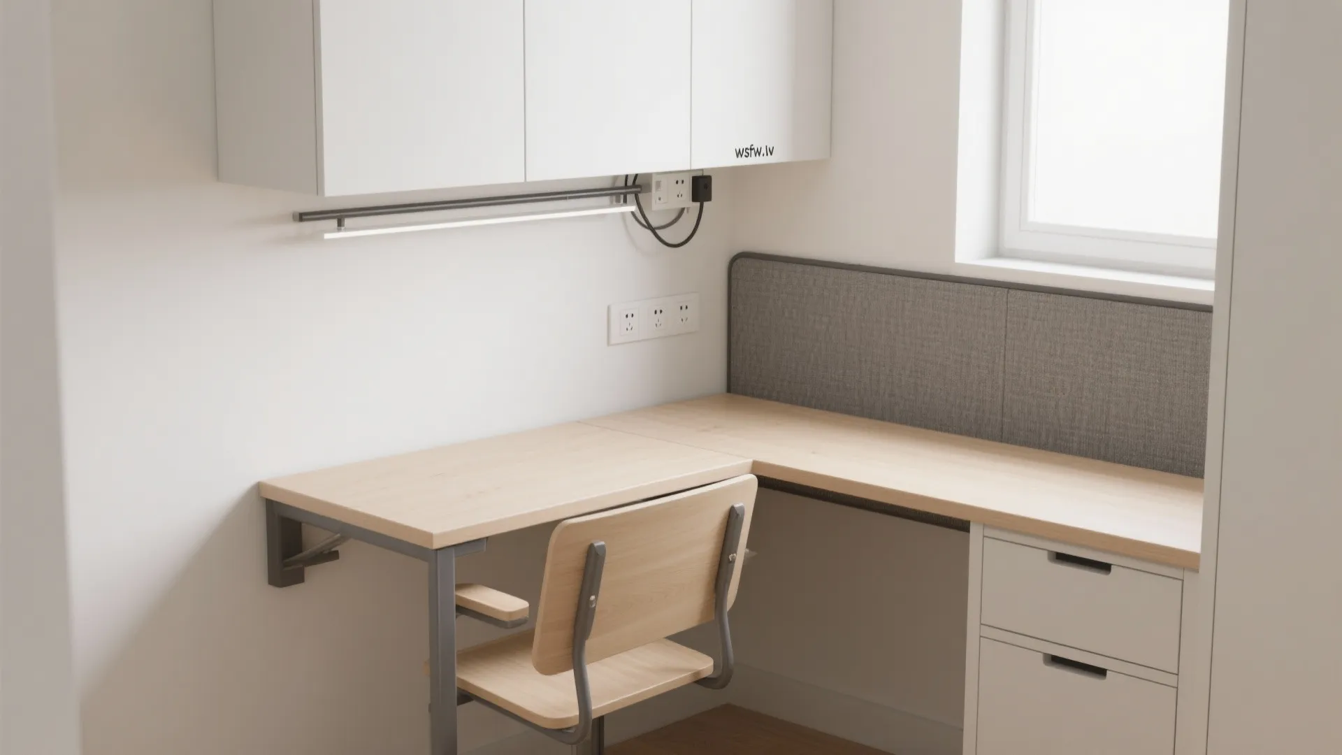 Modern L-shaped wooden desk with wooden chair white wall cabinets grey wall panel and window