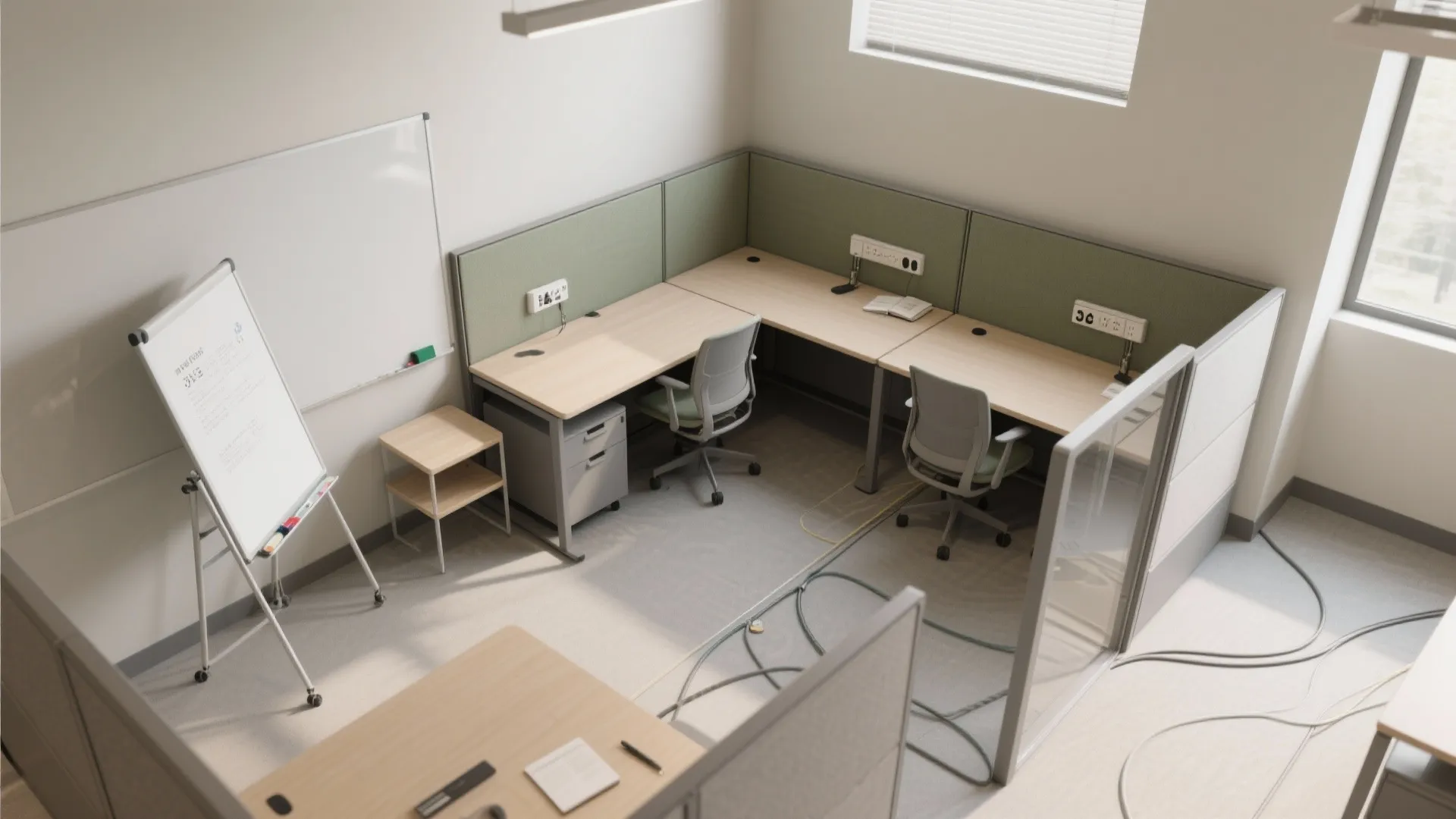 Modern office cubicle workspace with wooden desks grey chairs whiteboards green partitions and natural light