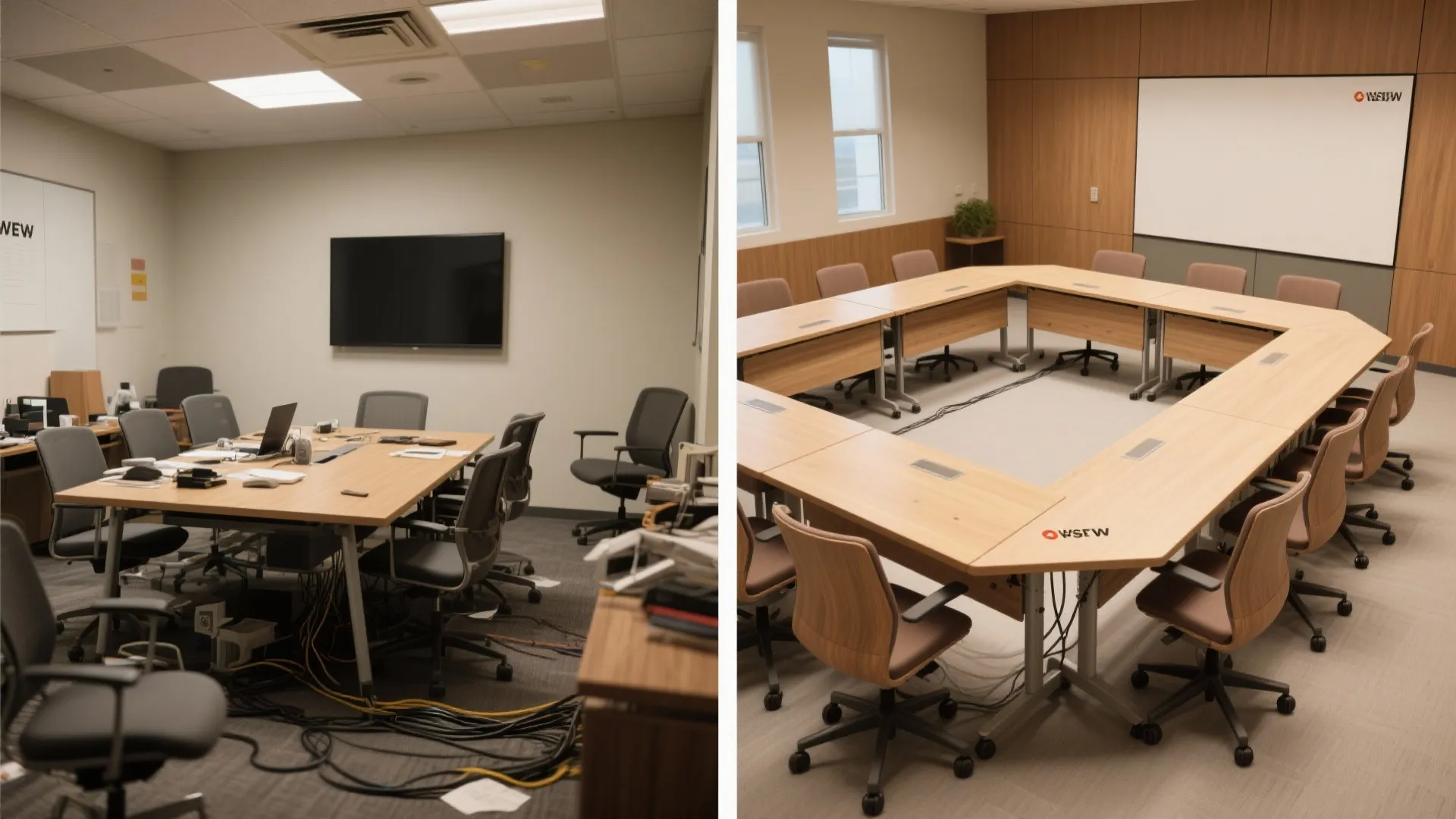 Before-and-after of small conference room from fixed table to modular U-shape.