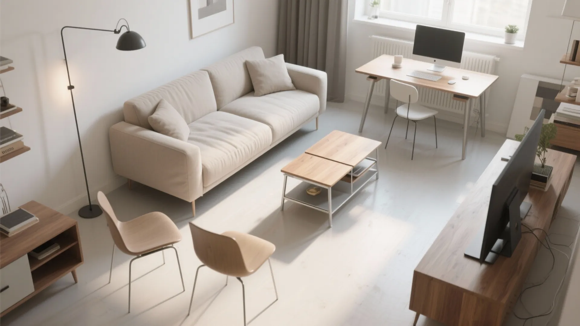 Modern living room with beige sofa wooden coffee table desk computer monitor and two chairs