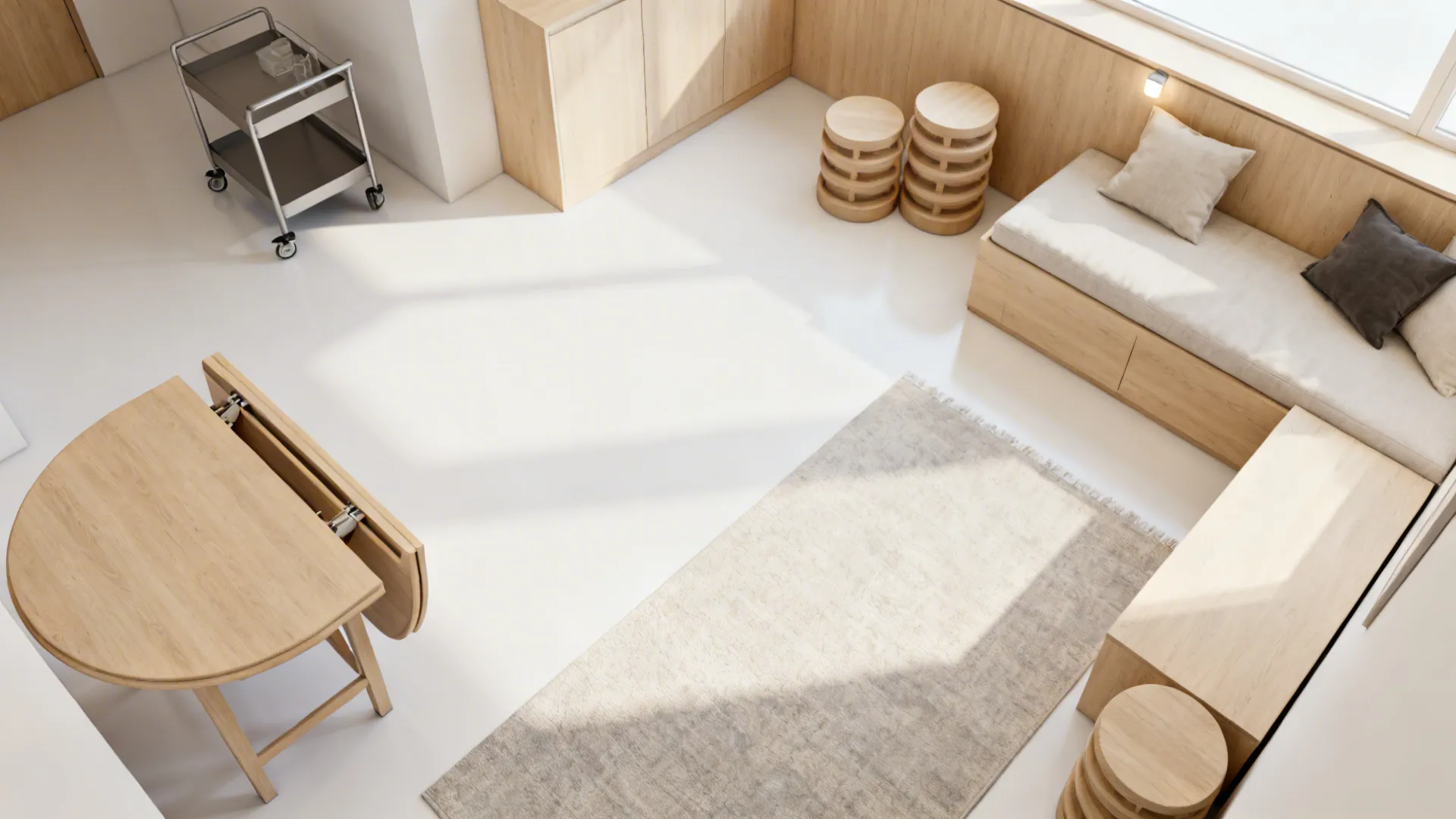 Top-down compact studio layout with drop-leaf table and daybed in an L-shaped plan.