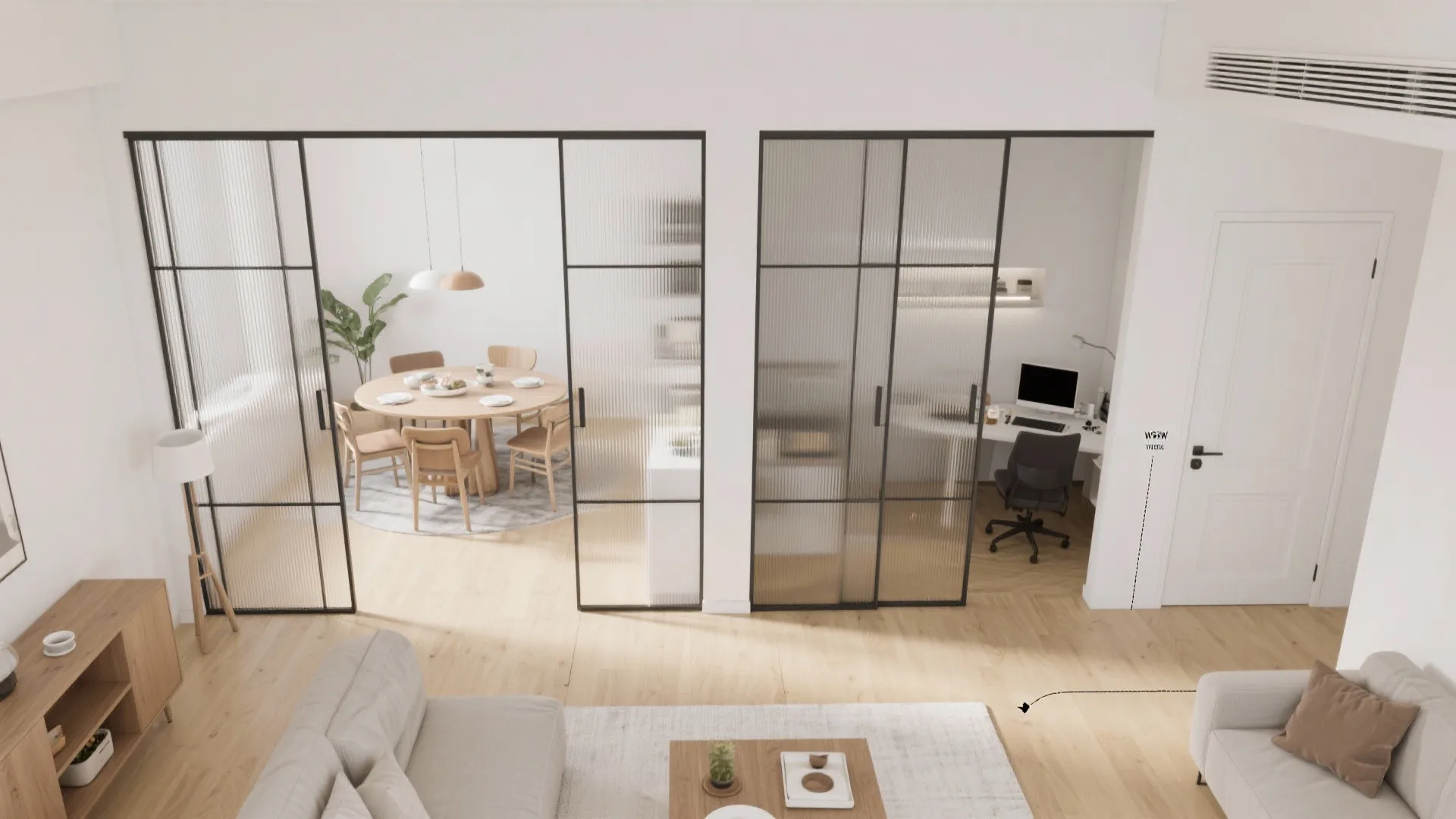 Flexible living-dining with sliding partitions