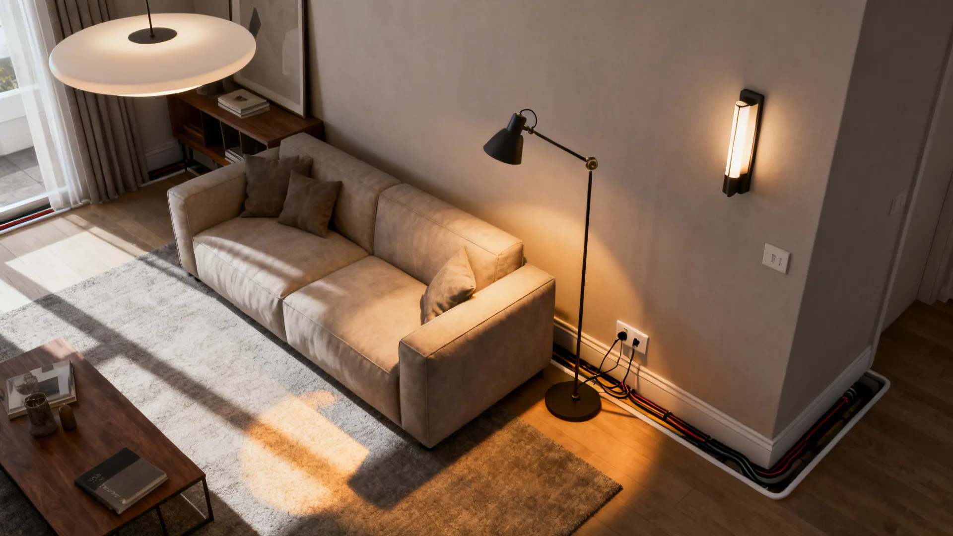 Top-down plan showing layered lighting with a ceiling light, wall sconce, floor lamp, and tidy cable routing.