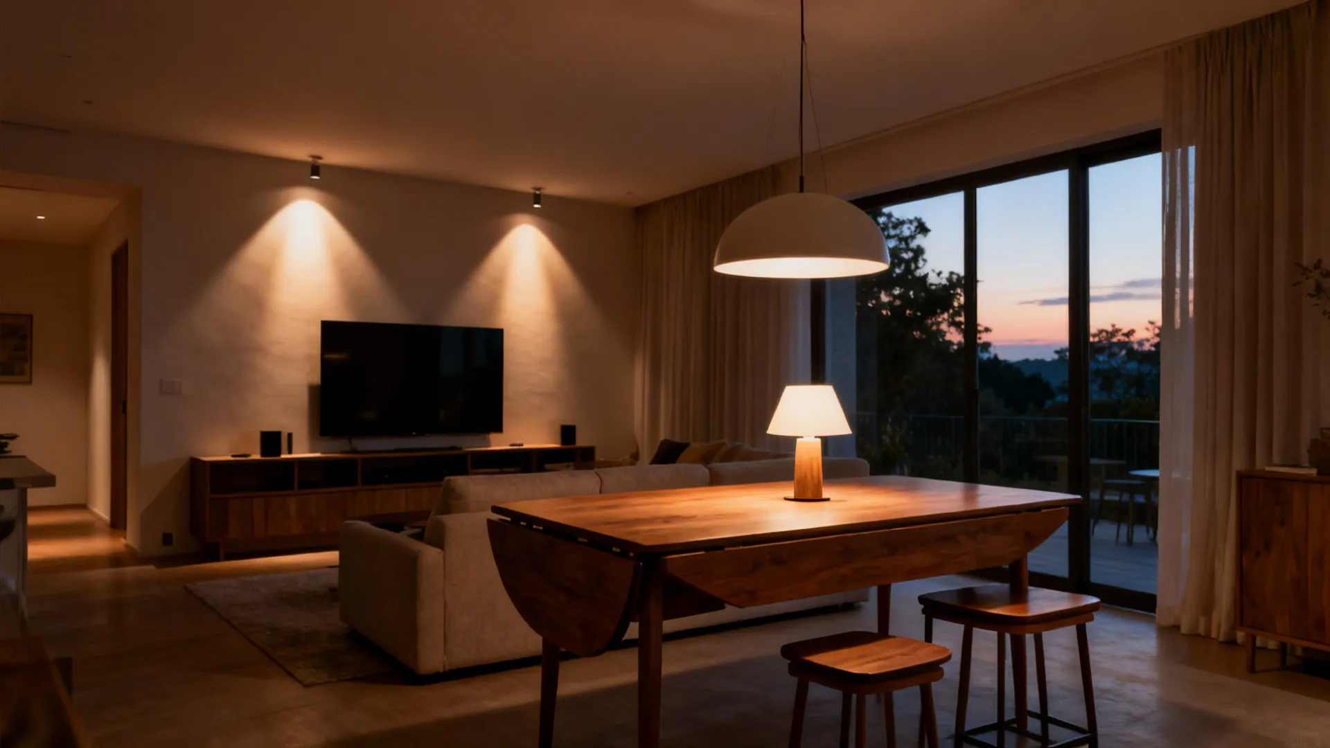 Layered lighting with a dimmed pendant, wall washers, and a portable lamp in an open-plan room.