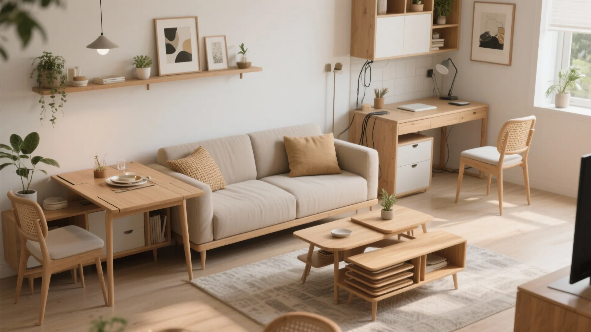 Multipurpose living-dining with transformable pieces