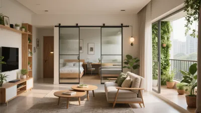 Modern Studio Apartment with Glass Partition and Greenery