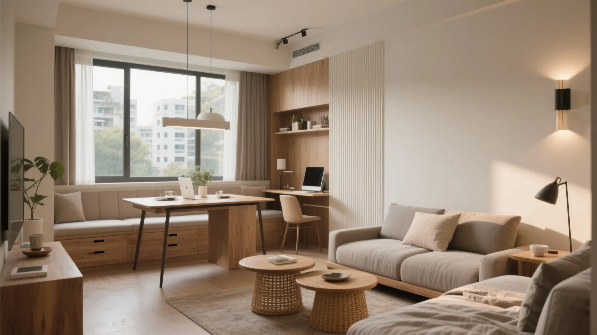 Living-dining that flexes: foldables, banquettes, and a work nook