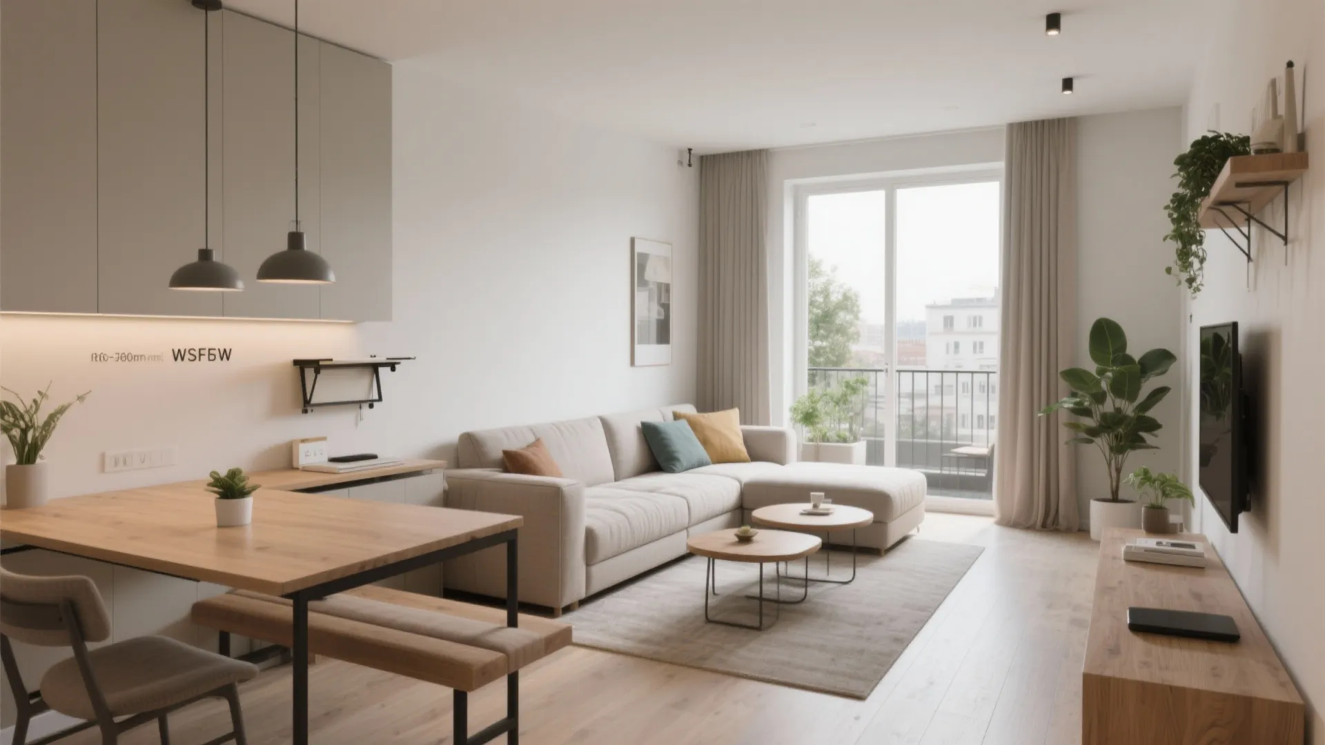 Flexible living-dining zones with movable furniture