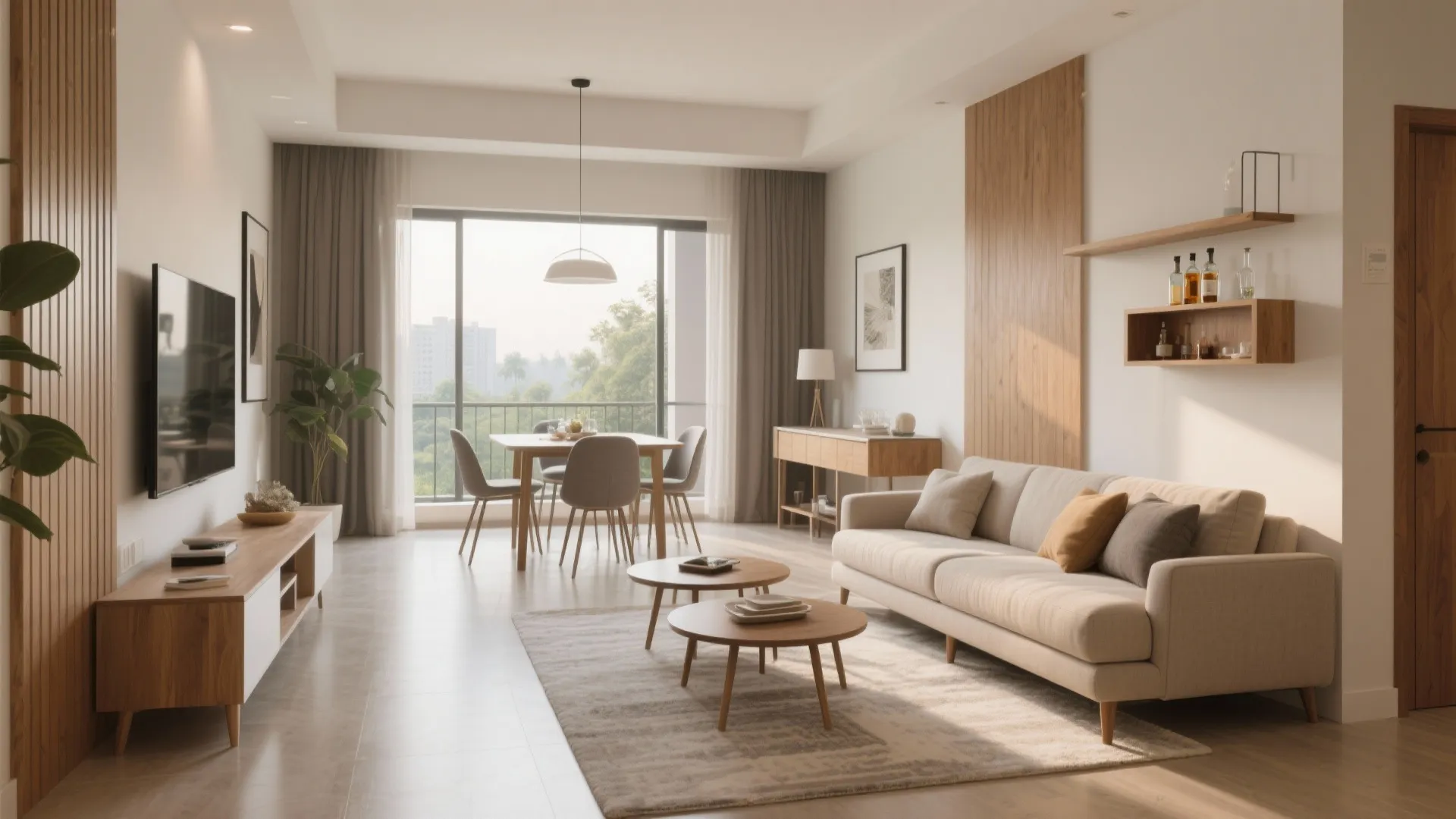 Flexible living-dining with nesting furniture