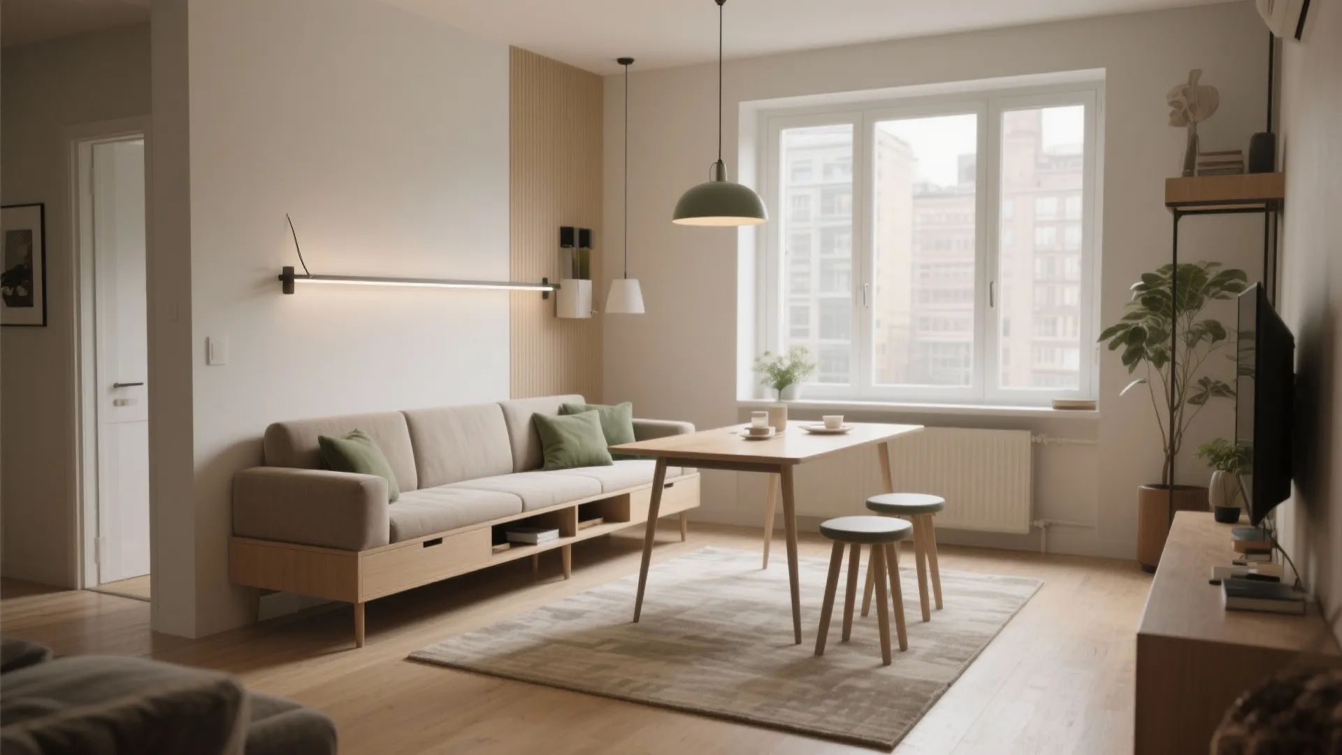 Flexible living-dining with a smart sofa and folding table