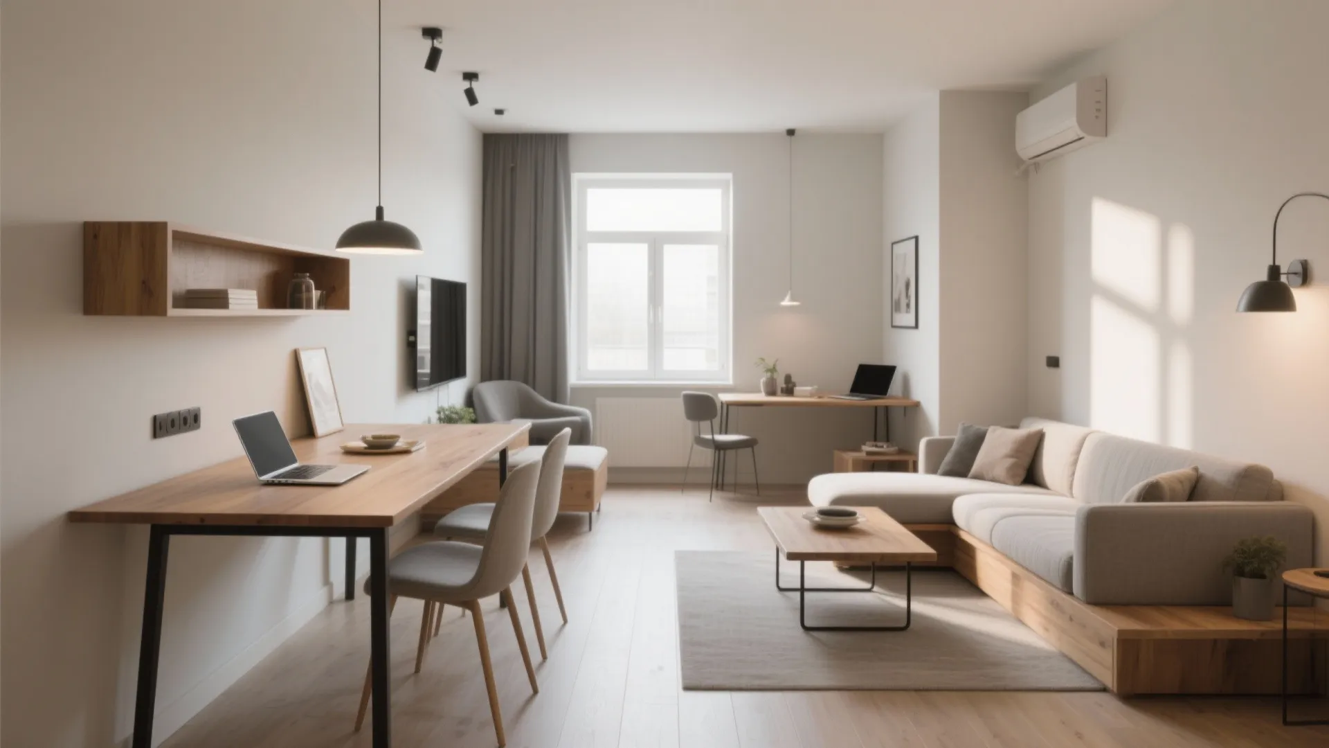 Bright living area with sofa dining table laptop workspace wall light and light wood flooring