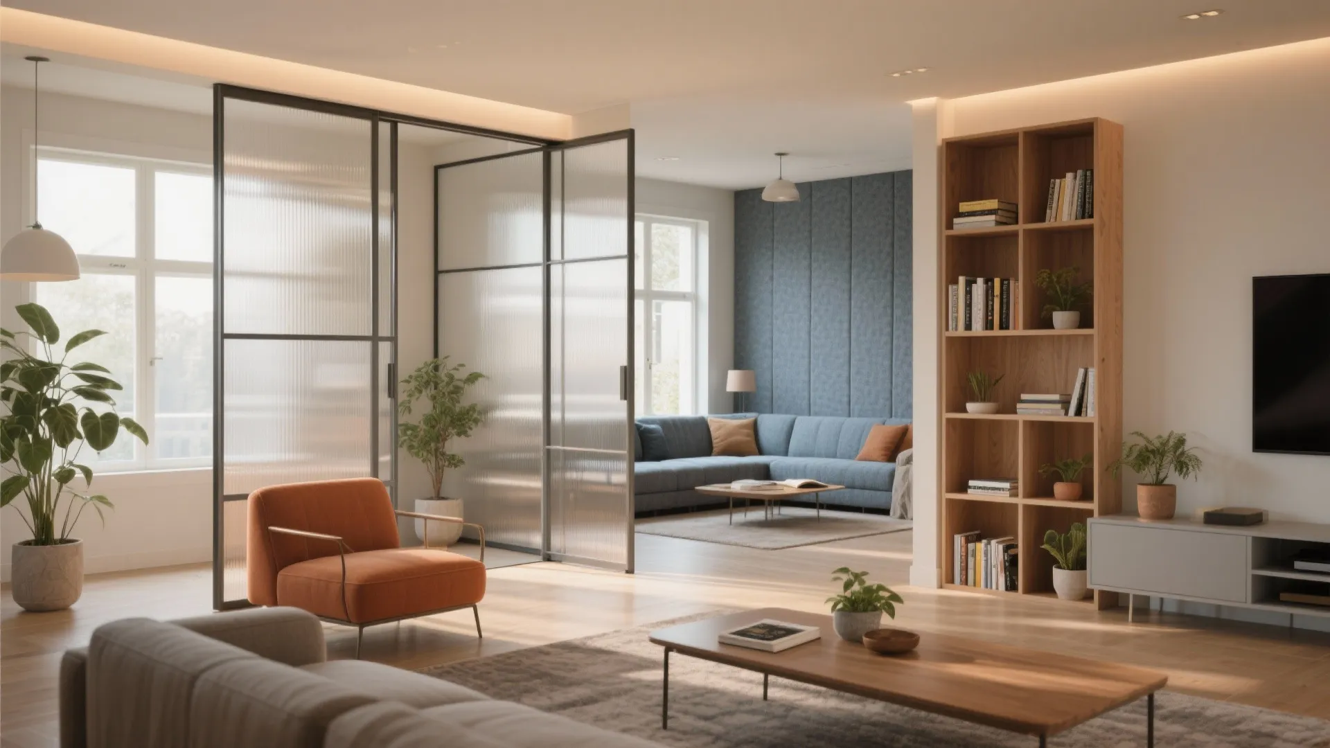 Modern living room with a glass wall, orange chair, wooden bookshelf, blue sofa, and plants