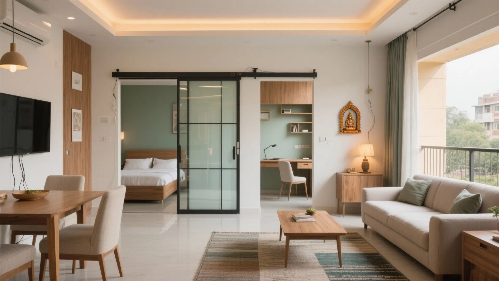 Flexible living–dining with sliding doors and a smart study nook