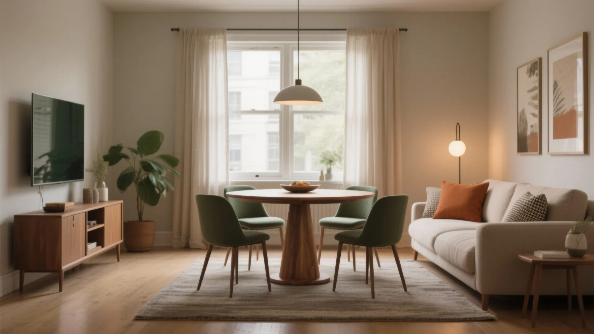 Modern dining area with round wood table green chairs white sofa cabinet and ceiling light