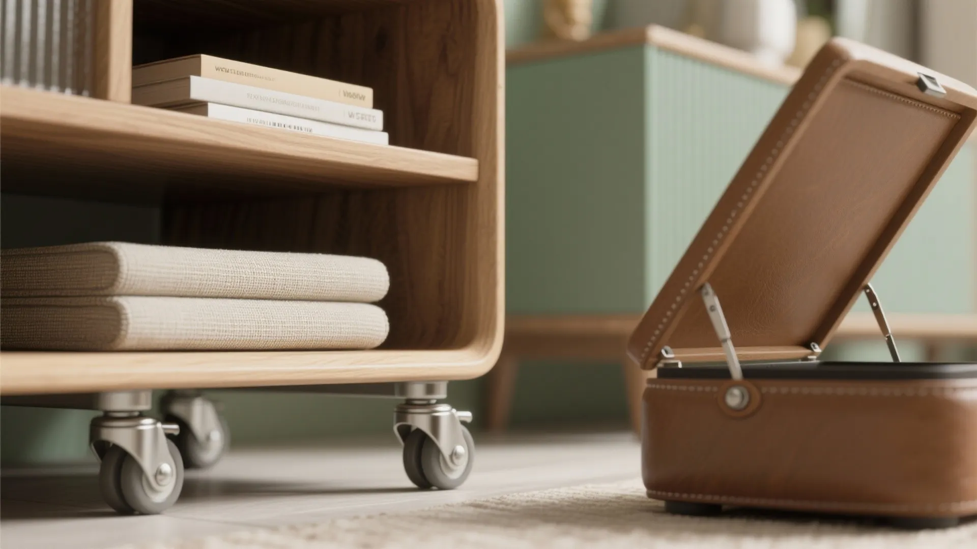 Close up of wooden cabinet on wheels next to an open brown leather storage footrest box