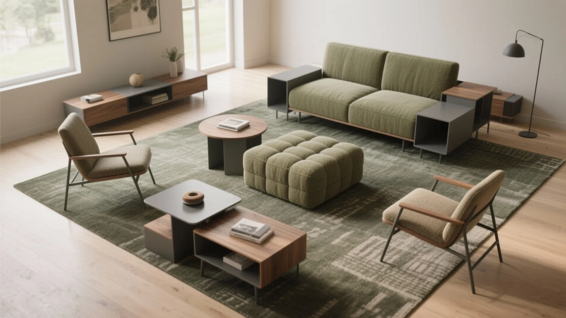 Modern living room featuring green sofa two armchairs green rug round coffee table and floor lamp