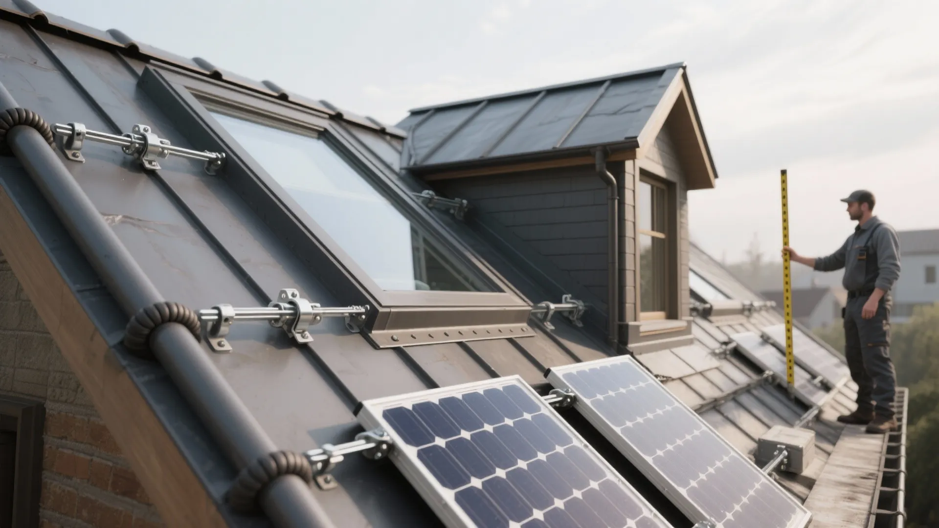 Worker measuring dark metal roof with solar panels and a large clear glass roof window