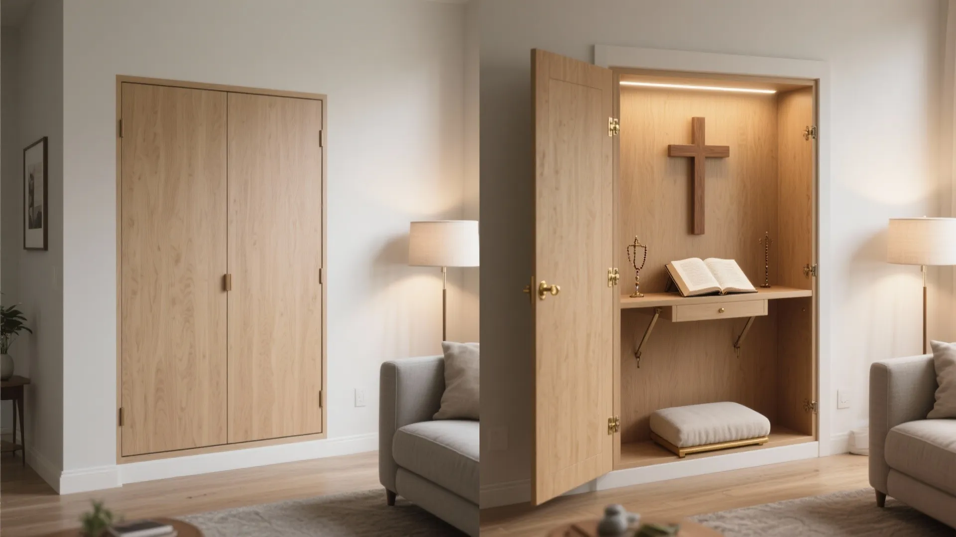 Before and after showing closed wooden cabinet doors opening to reveal a hidden prayer room