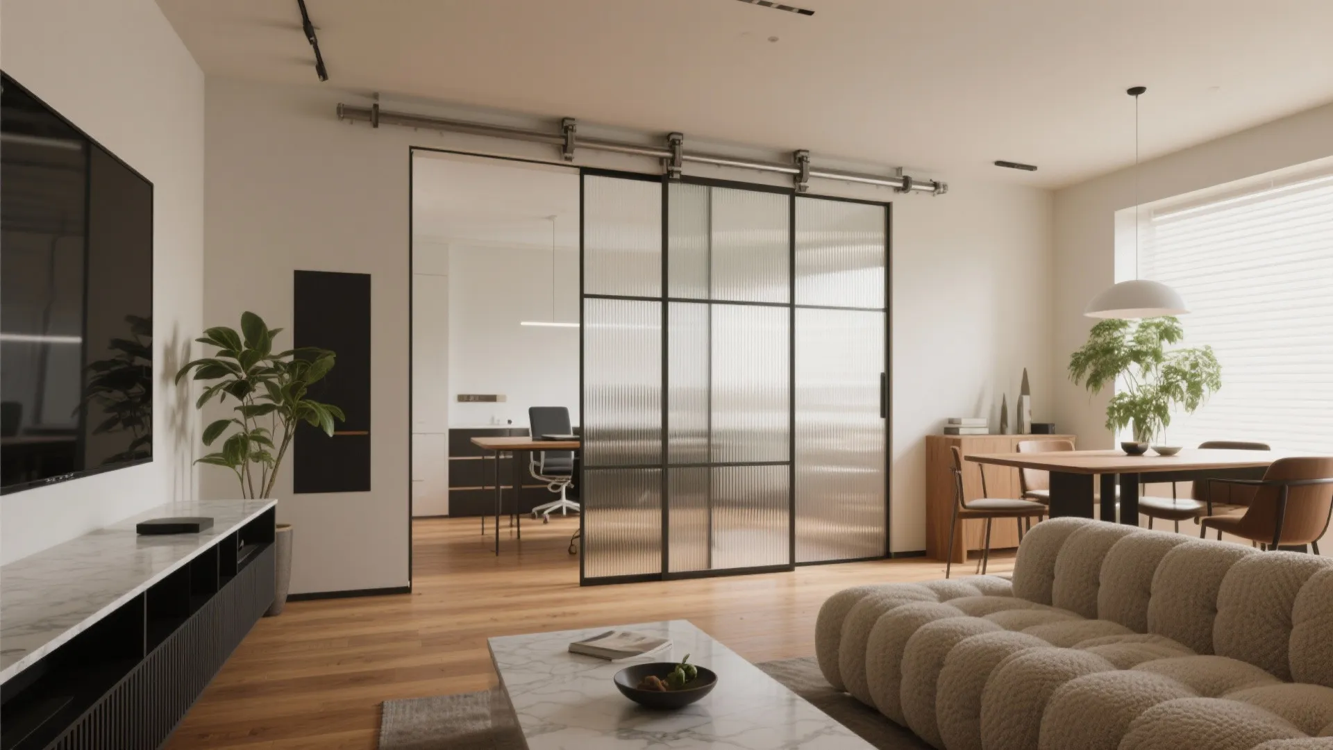 Flexible Living–Dining Zoning With Sliding Partitions