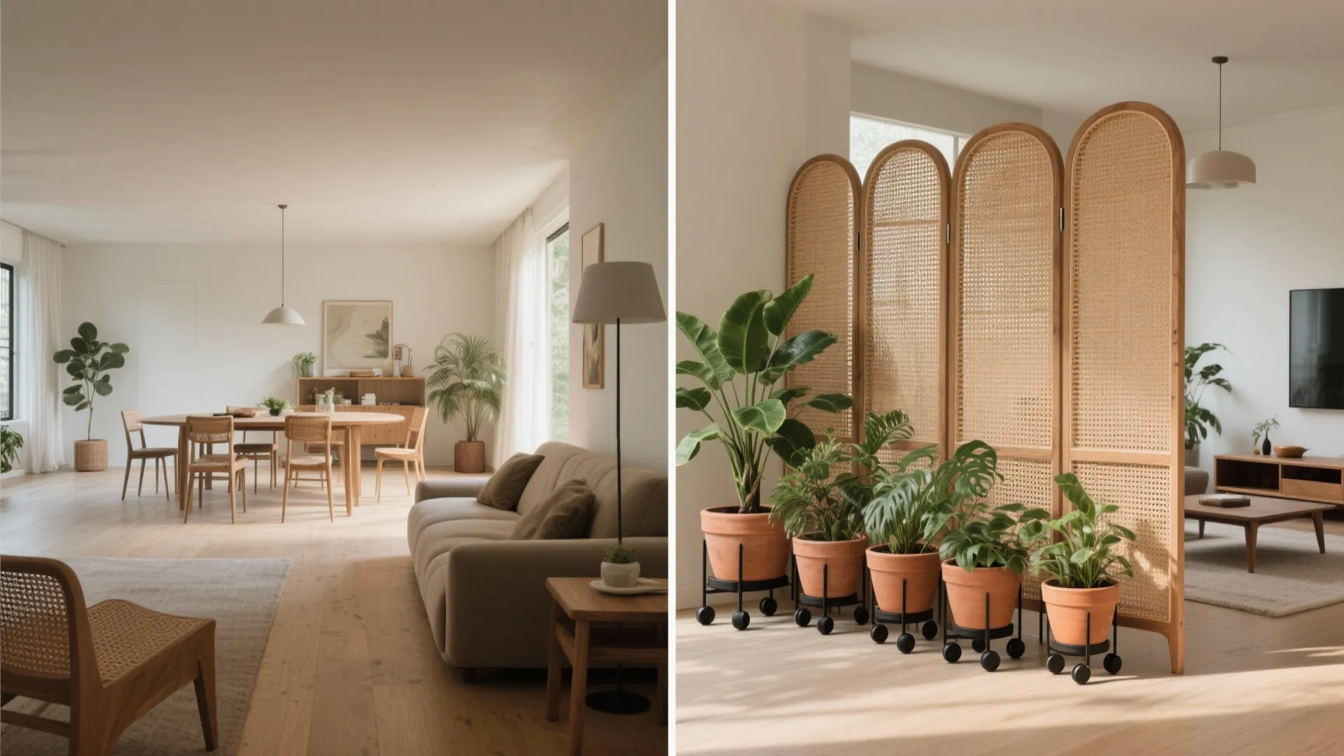 Before and after comparison of open living room layout versus adding a wooden room divider