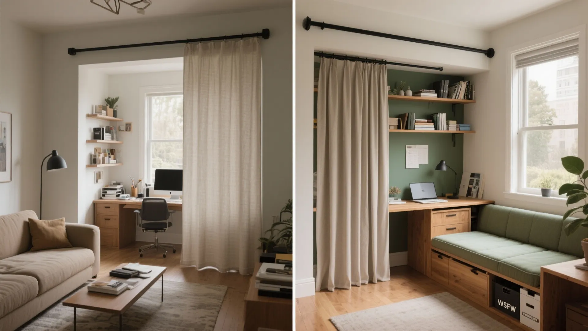 Interior design drawing showing before and after living room space with curtain and desk layout